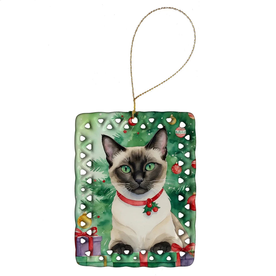 Cat By Christmas Tree Porcelain Ornament, 1/Siberian cat, view 72