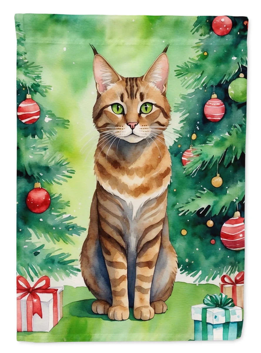 Cat By Christmas Tree Decorative Flag, HOUSE SIZE/Somali cat, view 90