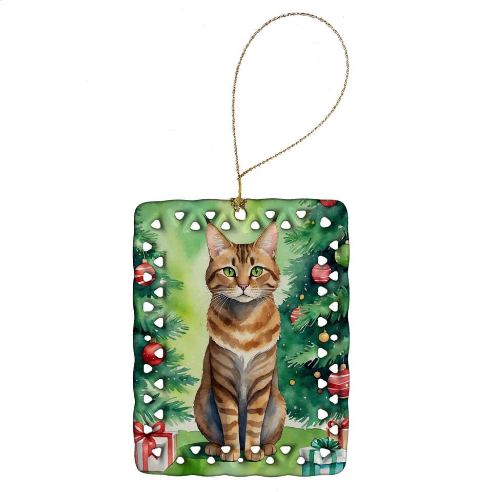 Cat By Christmas Tree Porcelain Ornament, 1/Somali cat, view 76