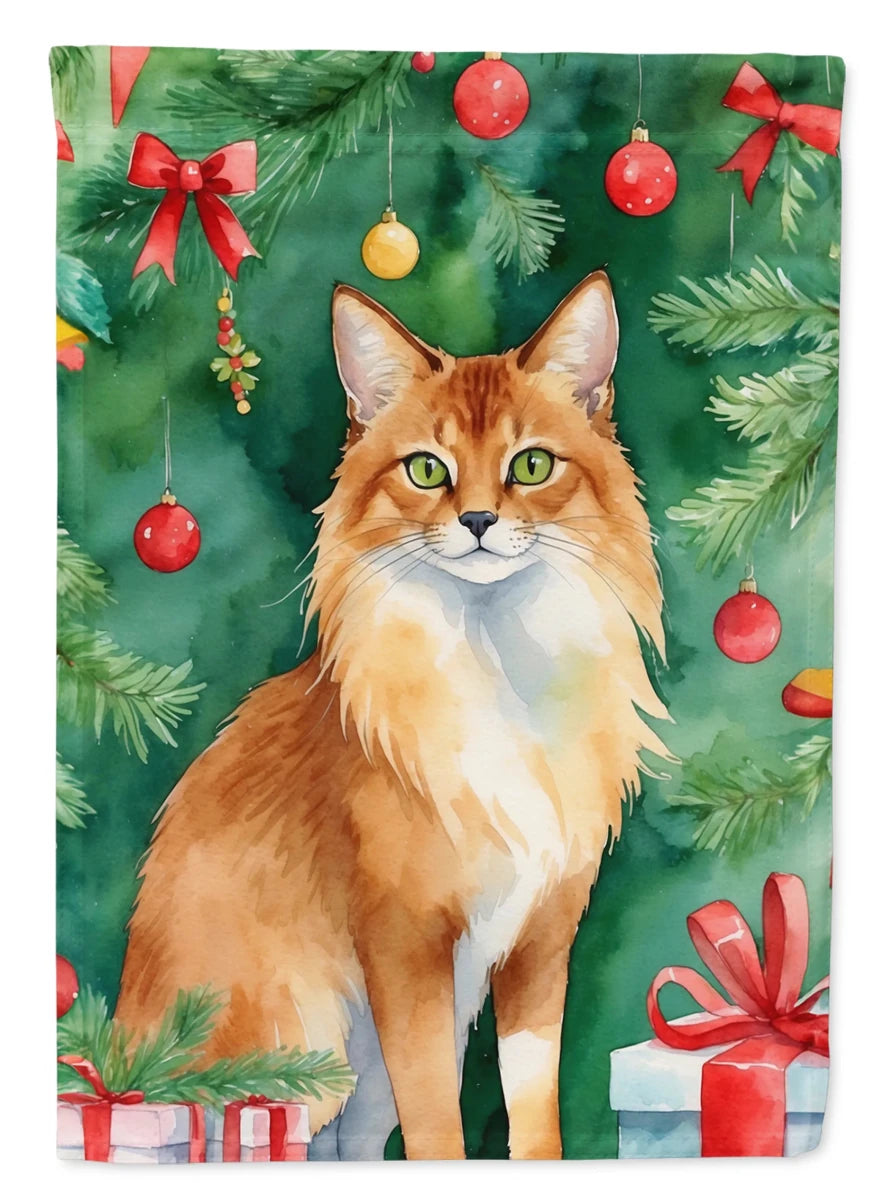 Cat By Christmas Tree Decorative Flag, HOUSE SIZE/Sphynx cat, view 91