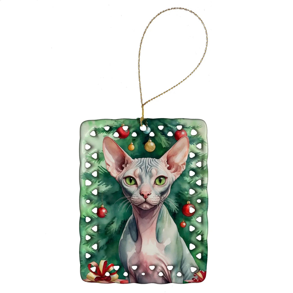 Cat By Christmas Tree Porcelain Ornament, 1/Suphalak cat, view 78