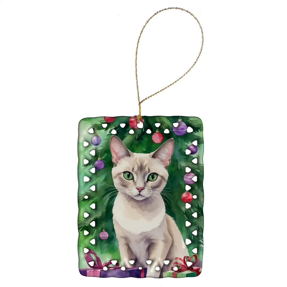 Cat By Christmas Tree Porcelain Ornament, 1/Tonkinese cat, view 80