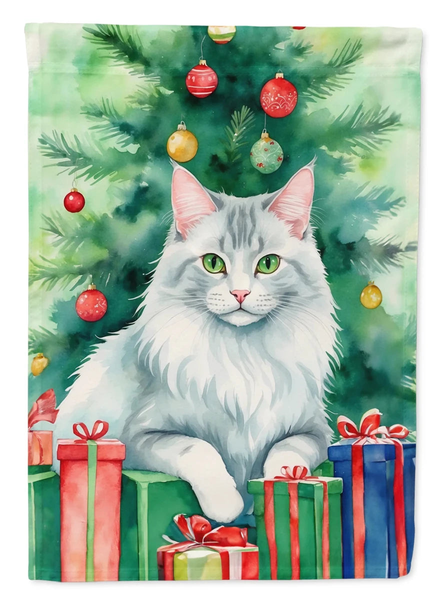 Cat By Christmas Tree Decorative Flag, HOUSE SIZE/Turkish van cat, view 97