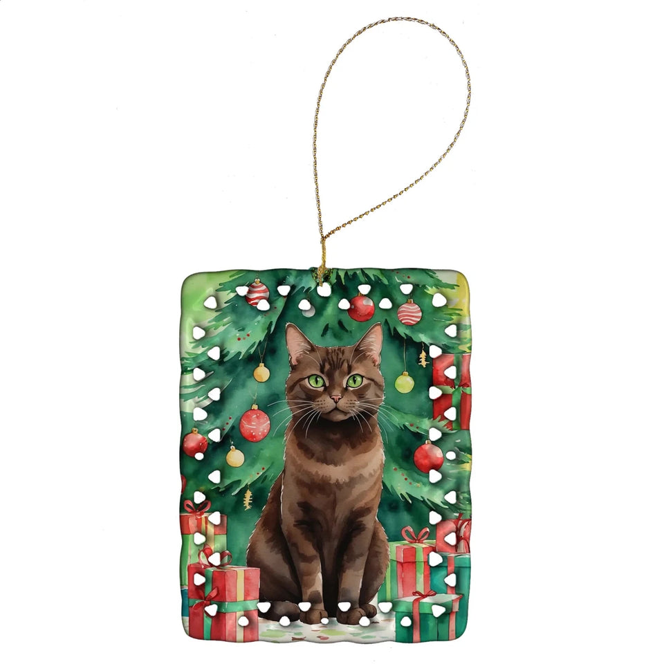 Cat By Christmas Tree Porcelain Ornament, view 87