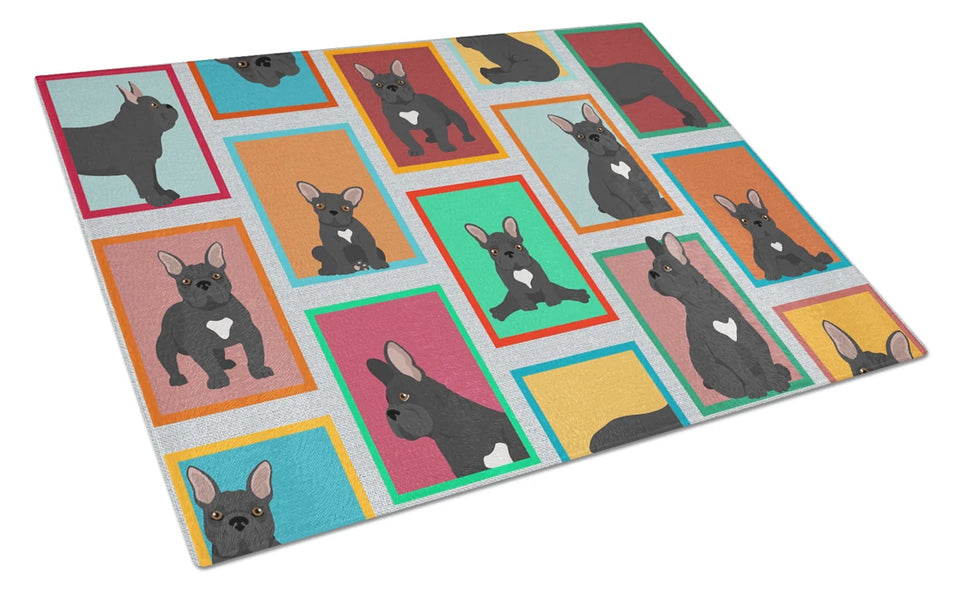 Lots of Dogs Glass Cutting Board - Large, French bulldog - black and white, view 3
