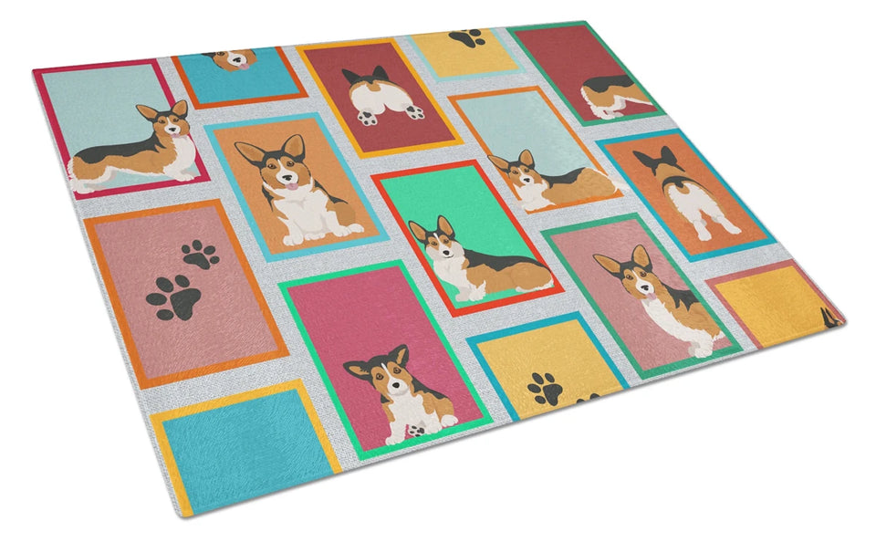 Lots of Dogs Glass Cutting Board - Large, Corgi - cardigan red, view 85