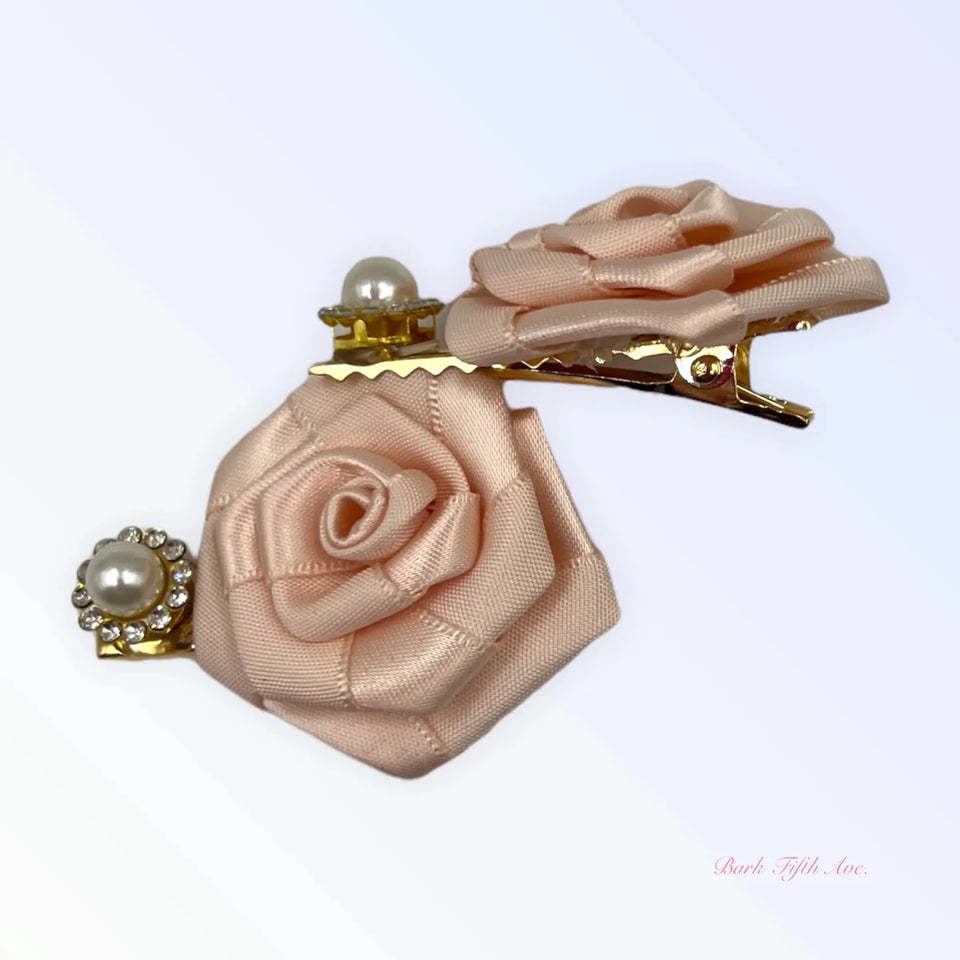 Silk & Pearl Florette Dog Hair Clips - Rose Design with Pearl Rhinestone - Pets Perfect