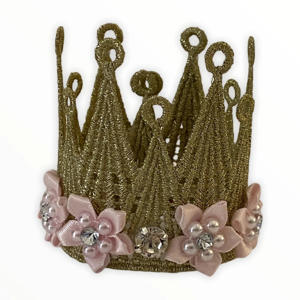 Floral and Lace Crown for Dogs - Gold Lace, Silk Flowers & Rhinestone Dog Crown by Bark Fifth Avenue - Pets Perfect