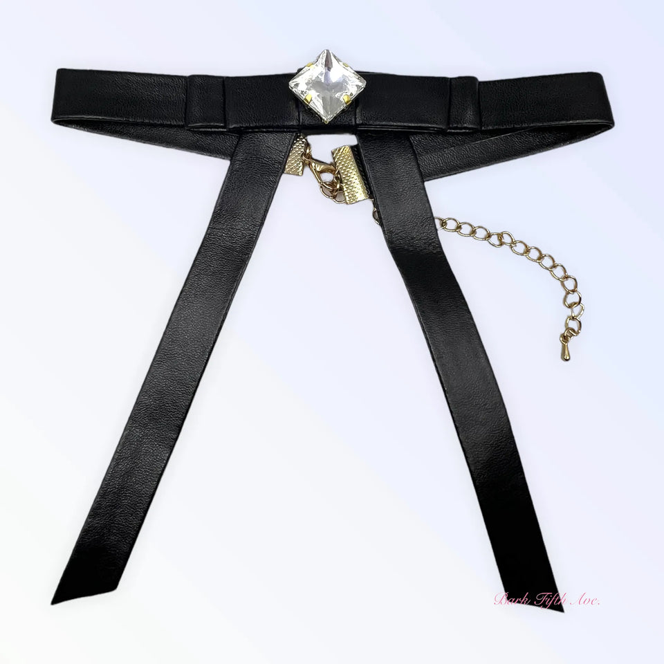 Black Vegan Leather Long Bow Necklace, view 4