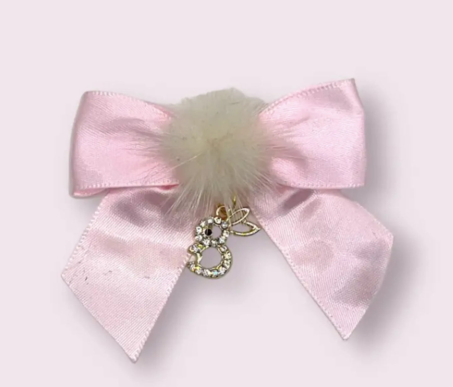 Rhinestone Bunny Dog Hair Bows - Luxurious Mink Pom Satin Barrettes
