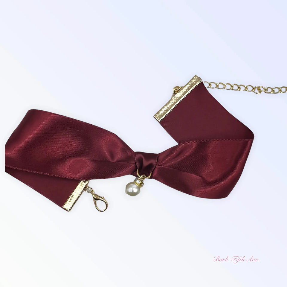Burgundy Satin Bow & Pearl Necklace, view 4