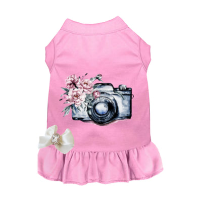 Call Me Pretty Dog Dress - Camera and Floral Print, Pink/X SMALL