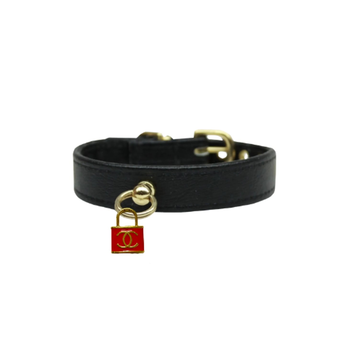 Bark Fifth Avenue CC Lock Charm Dog Collar - Designer Vegan Leather Pet Accessory
