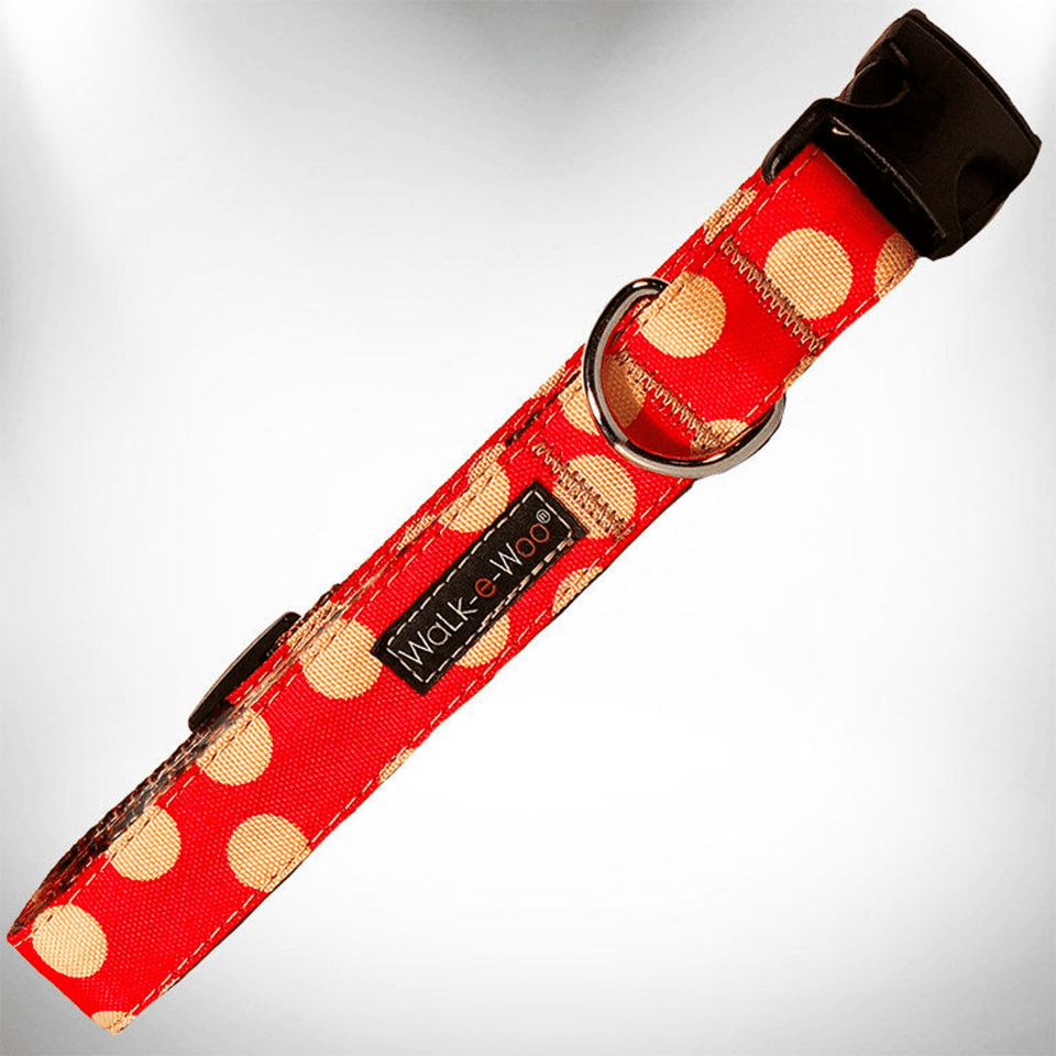 Elegant Red Polka Dot Dog Collar by Walk-e-Woo, Mint Green Dot On Red/Xs 5/8" Width Fits 8-12" Neck, view 11