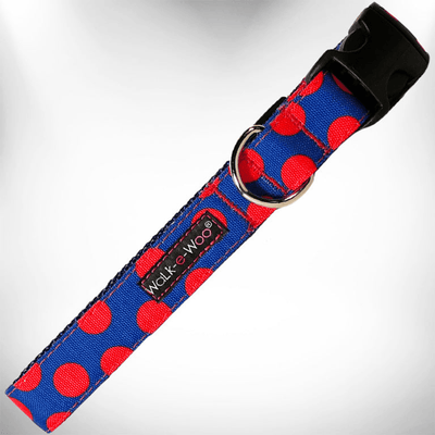 Elegant Red Polka Dot Dog Collar by Walk-e-Woo, Grey Dot On Red/Xs 5/8" Width Fits 8-12" Neck