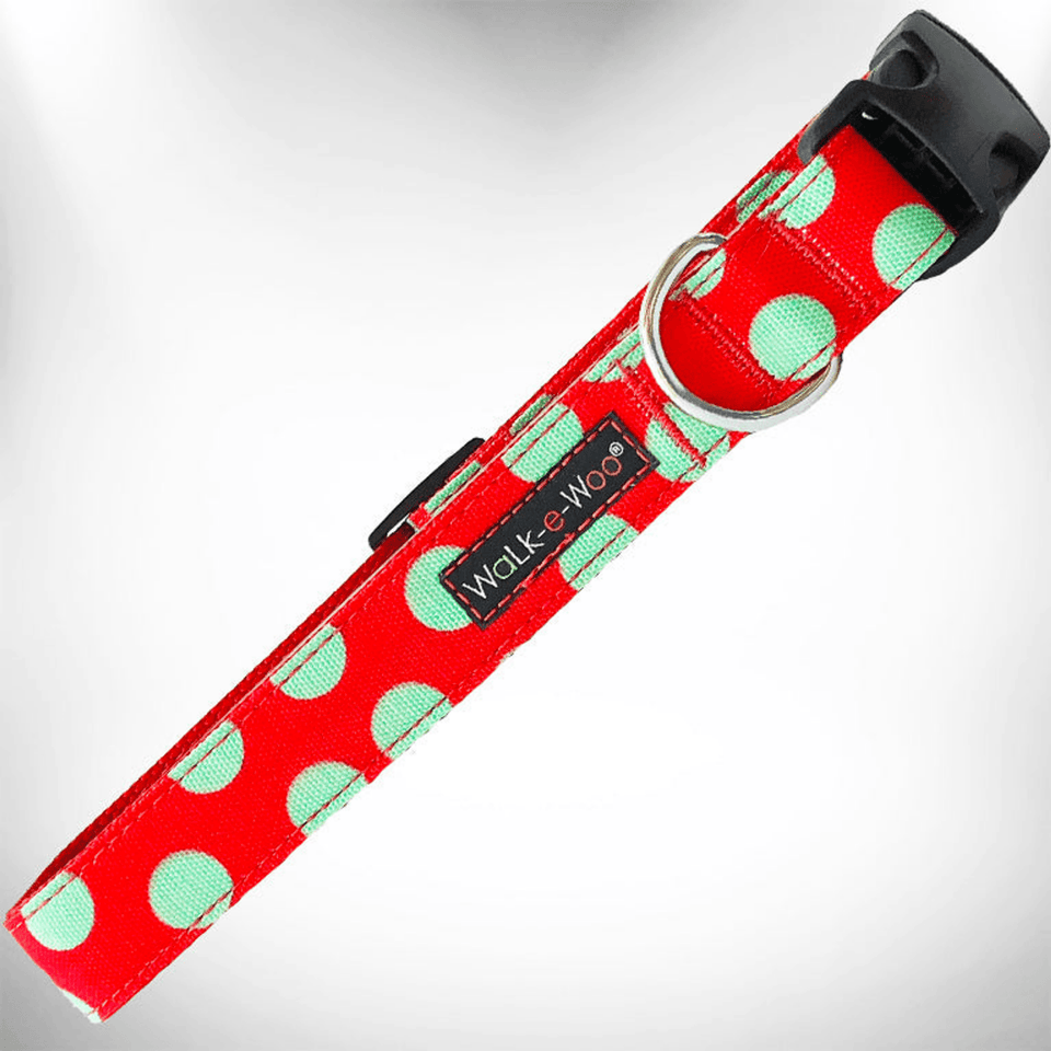 Elegant Red Polka Dot Dog Collar by Walk-e-Woo, Tan Dot On Red/M 1" Width Fits 12-18" Neck, view 8