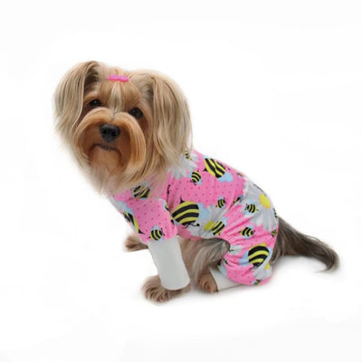 Klippo Bumblebee & Flower Plush Minky Dog Pajamas - Ultra Soft with Stretch Dog Collar & Cuffs - Pets Perfect
