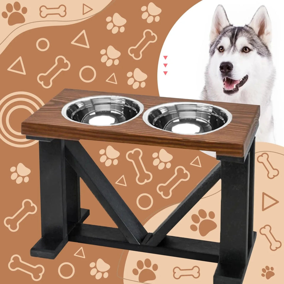 Farmhouse 2-Bowl Elevated Dog Feeder Chestnut Medium, Black Base - Pets Perfect