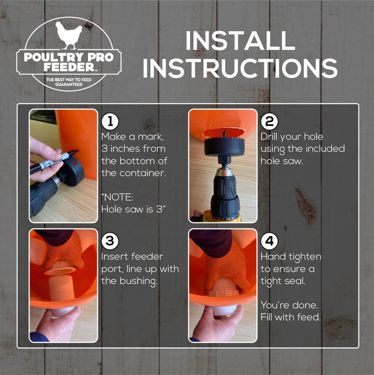 POULTRY PRO FEEDER installation instructions showing step-by-step hole marking, drilling, feeder port insertion, and tightening process.