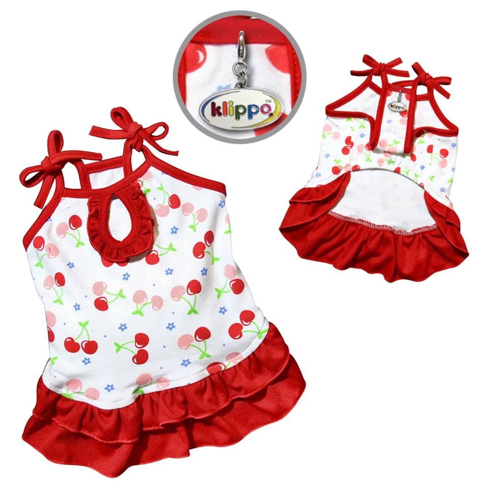 Klippo Soft Knit Cotton Cherries Dog Dress with Shoulder Ties - Pets Perfect