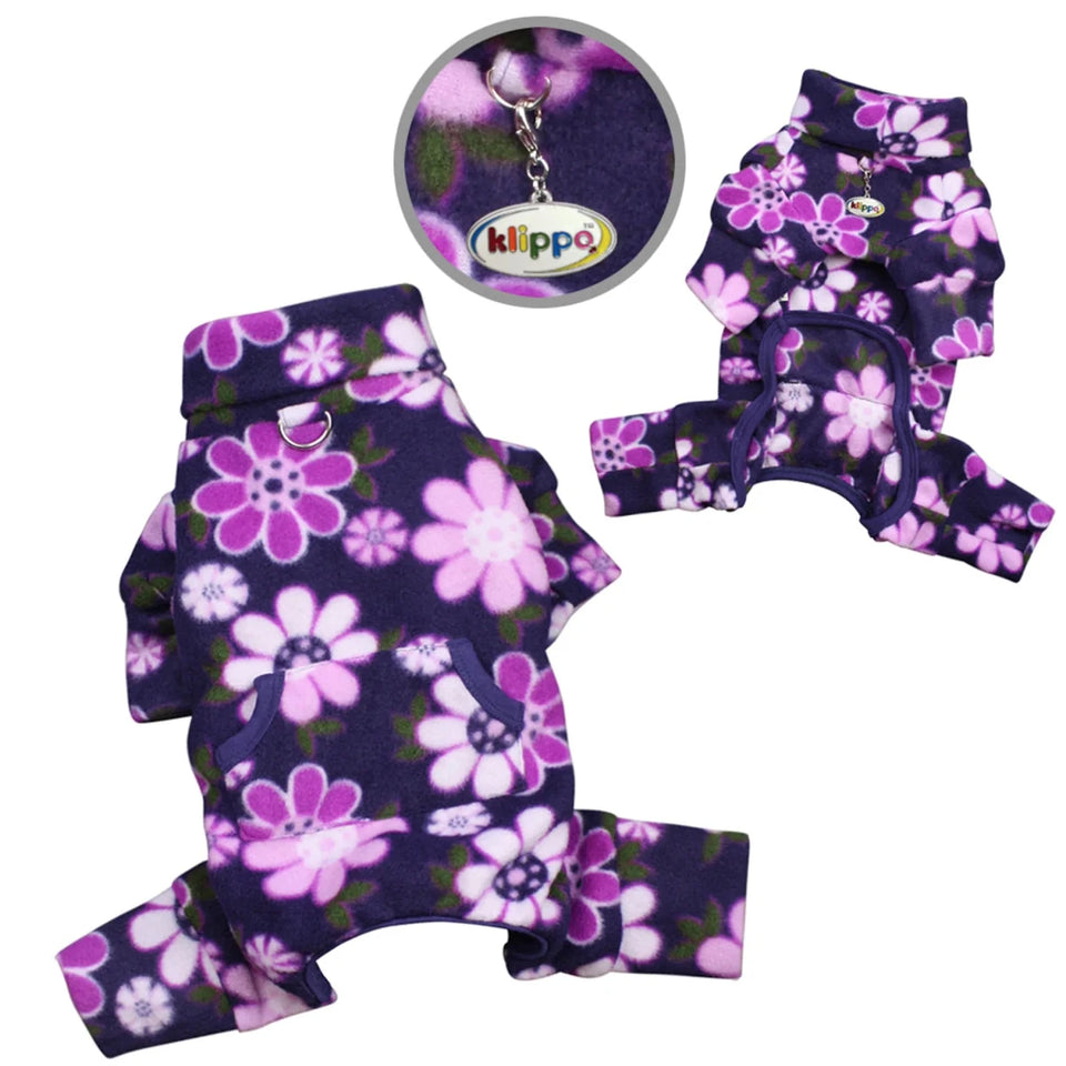 Klippo Midnight Garden Fleece Dog Turtleneck Pajamas with Pocket & D-Ring - Pets Perfect