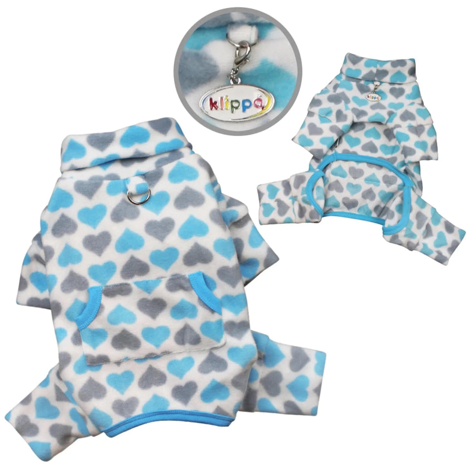 Klippo Blue & Gray Hearts Fleece Dog Turtleneck Pajamas with Pocket & D-Ring - Pets Perfect