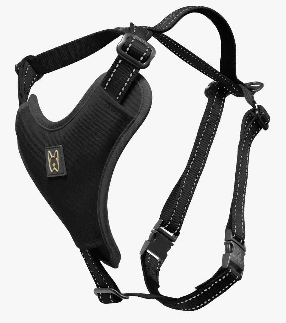 Close front view of black NANDOG neoprene sport dog harness with adjustable straps