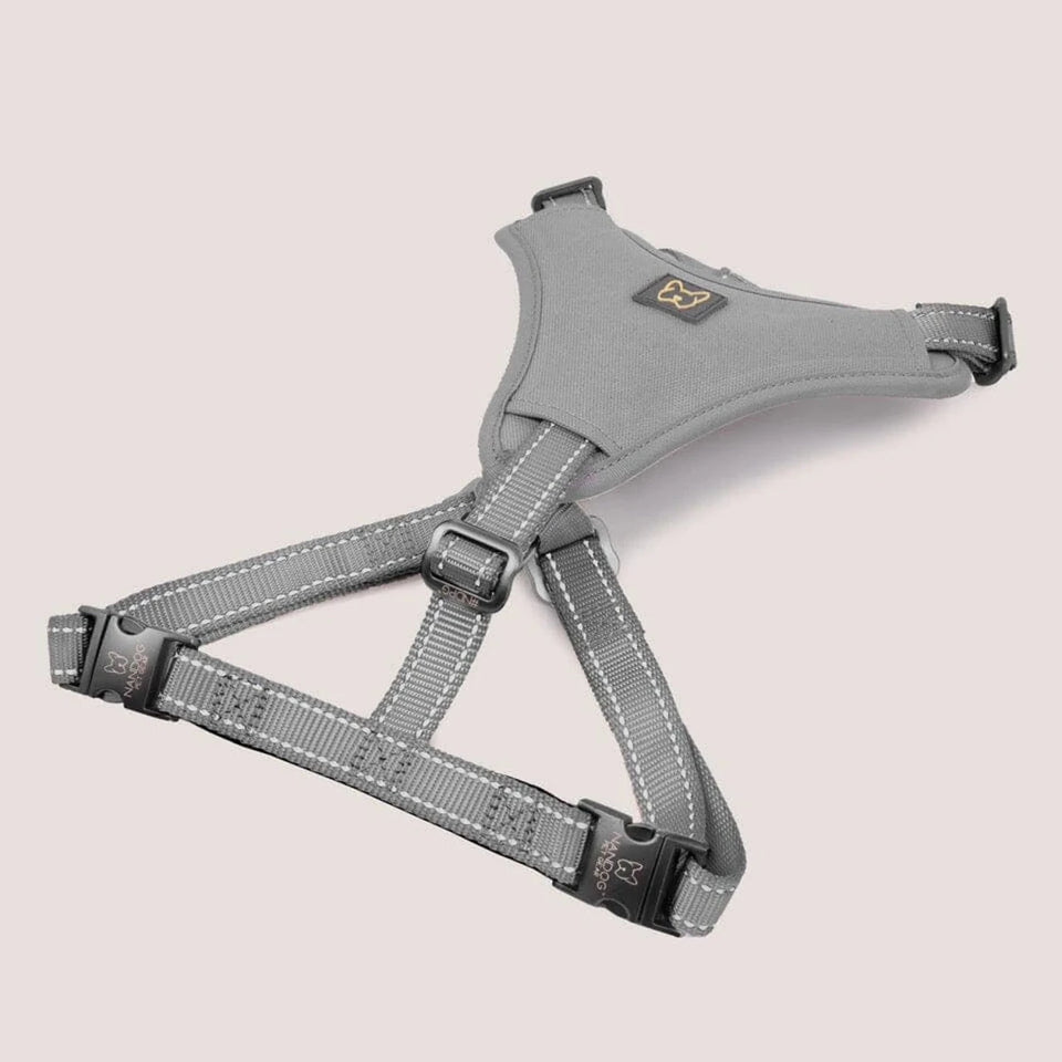 Gray NANDOG neoprene sport dog harness with reflective-stitched straps, flat view