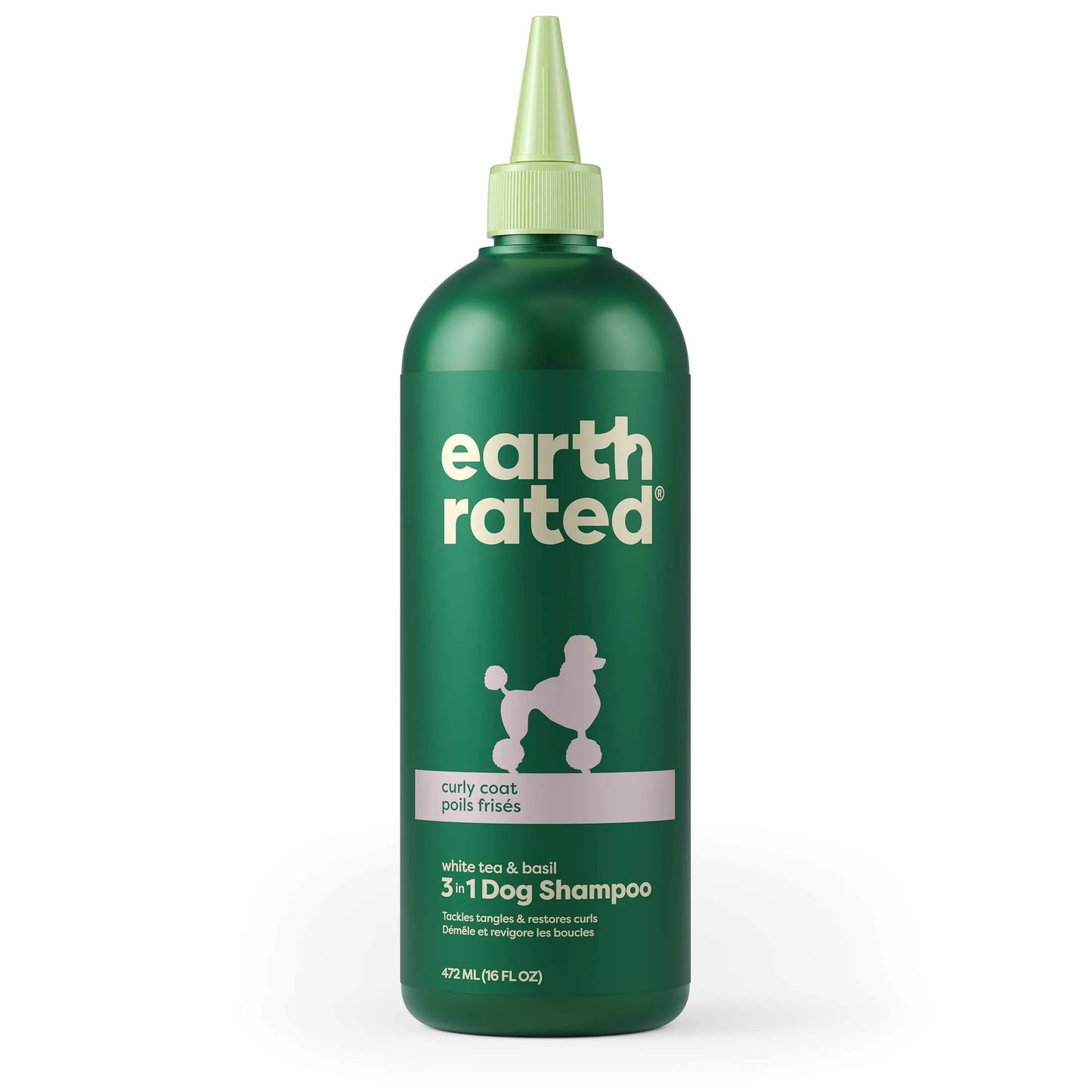 Earth Rated 3 in 1 Dog Shampoo Curly Coat 16oz green bottle with white text and dog silhouette design