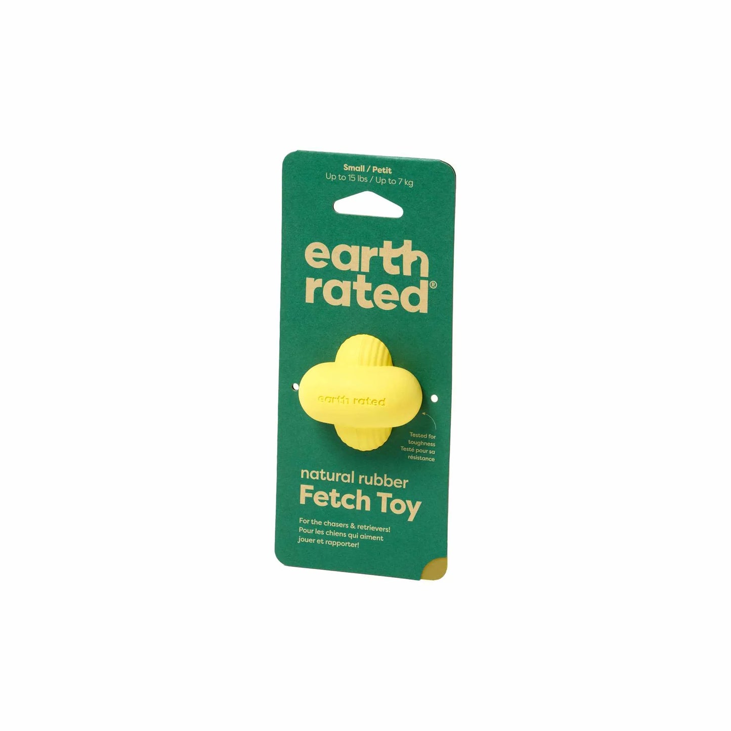 Earth Rated Rubber Fetch Dog Toy in yellow natural rubber on green packaging for small dogs up to 15 lbs