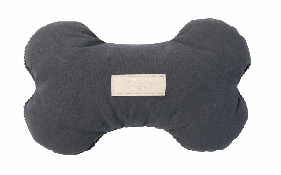 Charcoal FuzzYard Life bone-shaped plush dog toy, front view