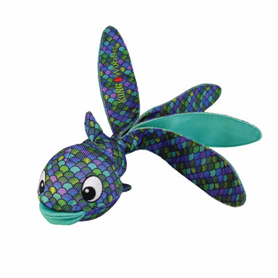 Purple and teal KONG Wubba Finz dog tug toy with fish-shaped fabric tails