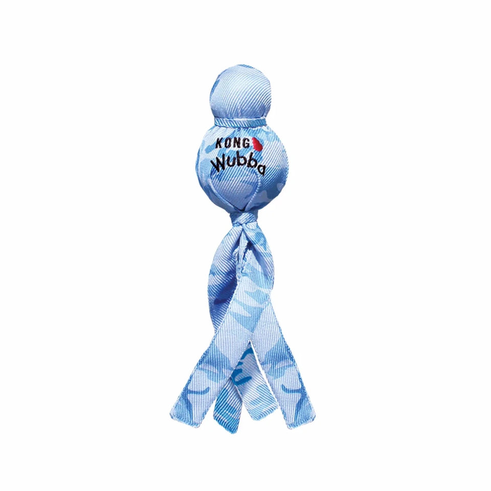Light blue KONG Wubba Camo dog tug toy with blue fabric tails