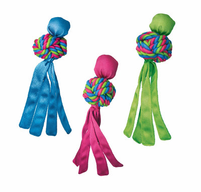 Three assorted KONG Wubba Weaves dog tug toys in blue, pink, and green