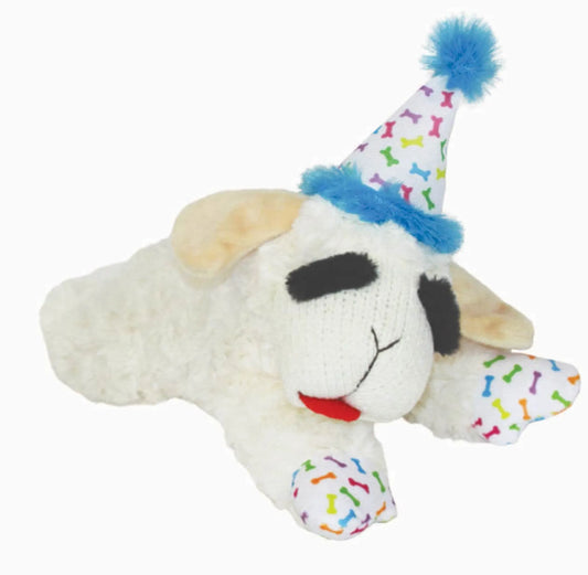 Multipet Lamb Chop with Birthday Hat - Plush Squeaky Dog Toy for Celebrations