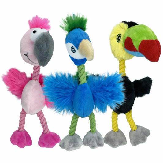 Multipet Mini Bird Brain - 8" Tropical Bird Plush Rope Squeaky Dog Toy