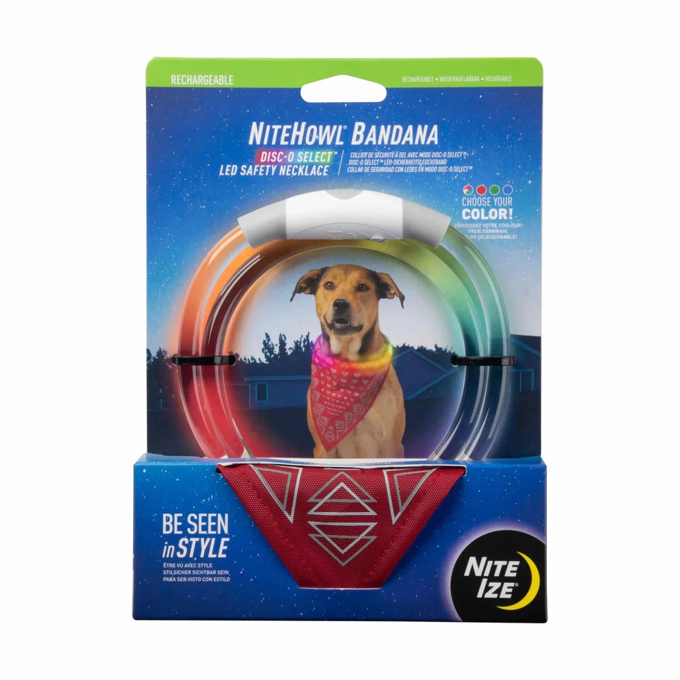 Nite Ize NiteHowl Bandana Rechargeable LED Safety Necklace - Disc-O Select - Red - Pets Perfect