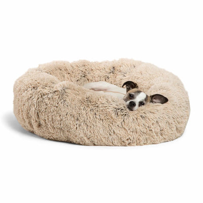Small black-and-white dog lying in a beige Best Friends by Sheri shag donut bed