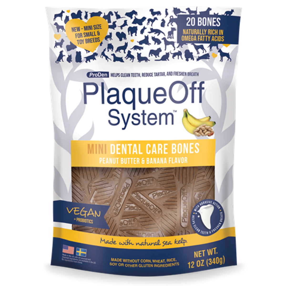 PlaqueOff MINI Dental Care Bones - Peanut Butter & Banana - Pets Perfect