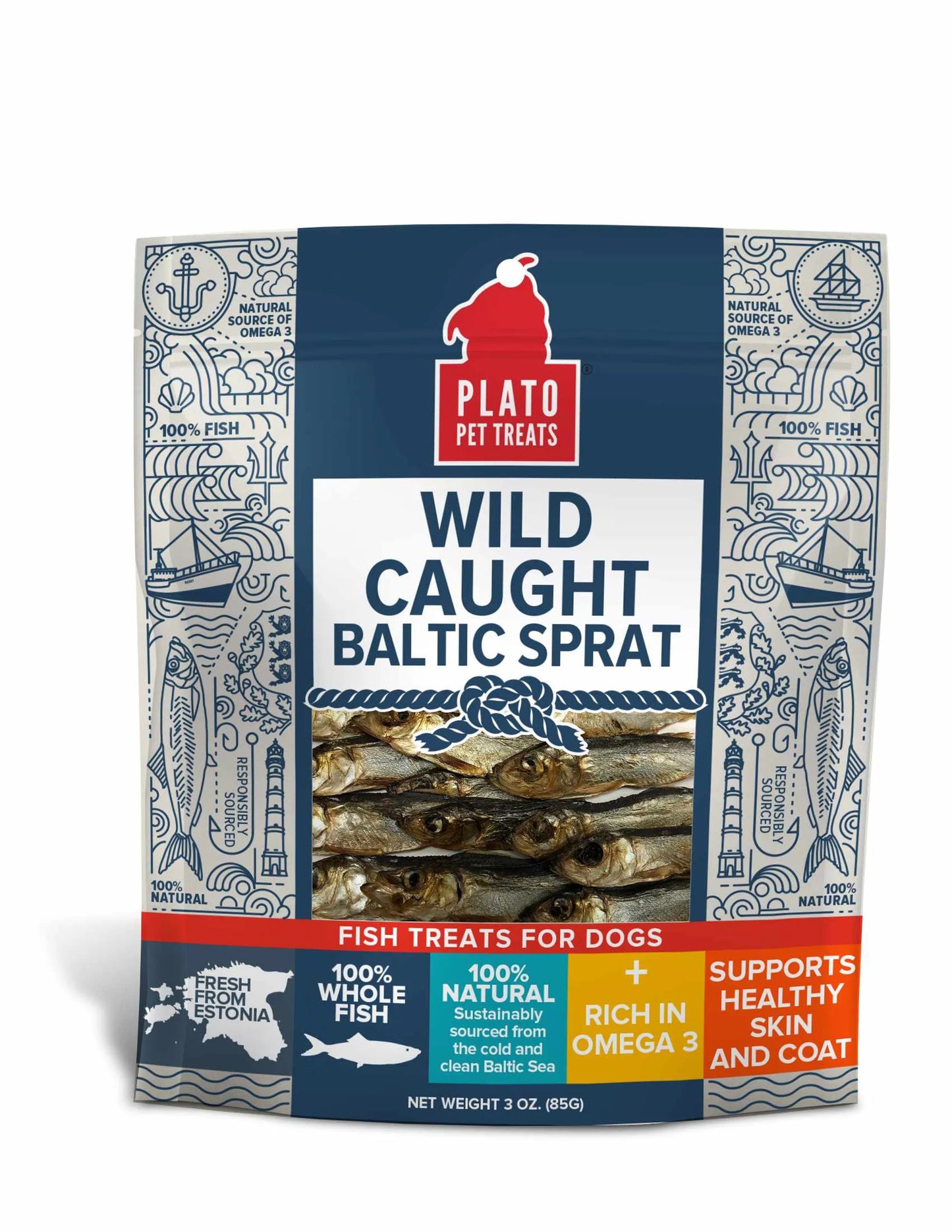 Plato Wild Caught Baltic Sprat Dog Treats - Air Dried Whole Fish Treats for Dogs 3oz - Pets Perfect