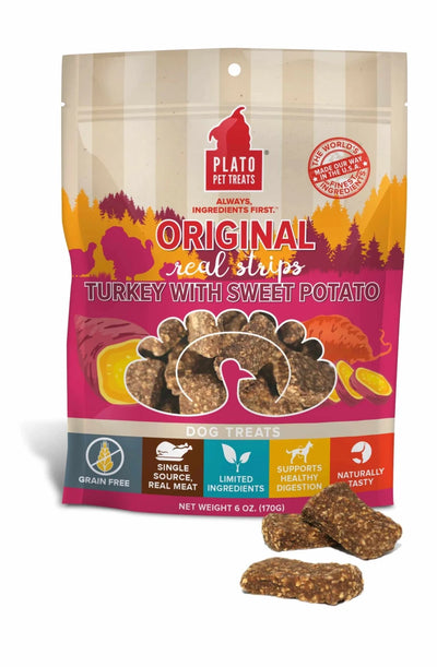 Plato Original Real Strips Turkey & Sweet Potato Air-Dried Dog Treats (6 oz & 18 oz) - Pets Perfect