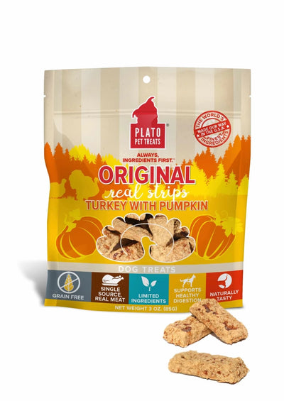 Plato Turkey & Pumpkin Strips - Digestive Health Dog Chews (18 oz) - Pets Perfect