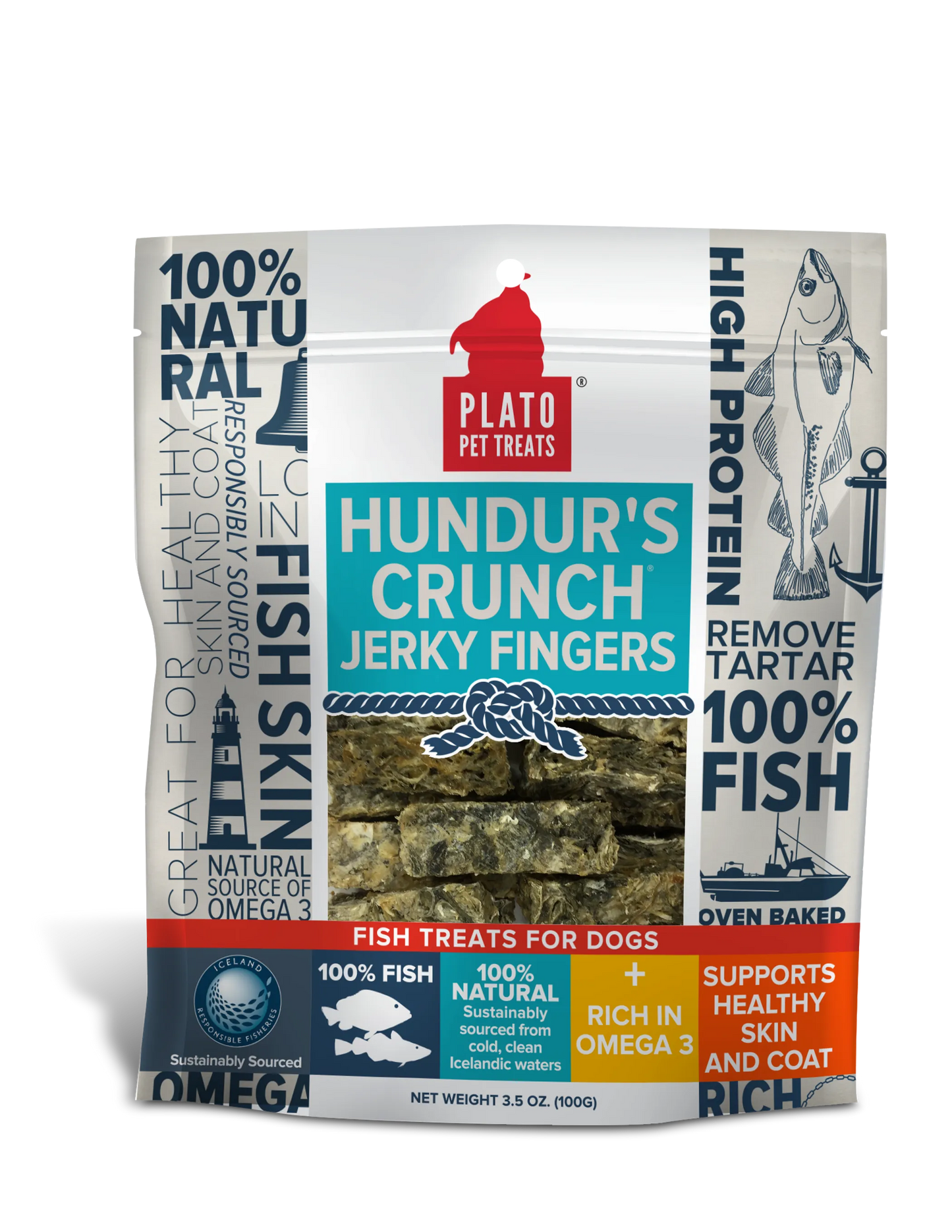 Plato Hundur's Crunch Codfish Skin Jerky Dog Treats - Single Ingredient, Grain-Free (10oz)