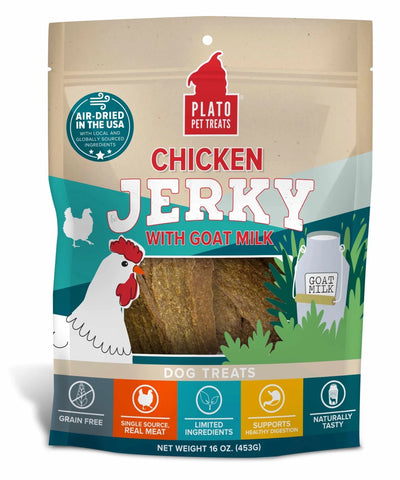 Plato Pet Treats Chicken Jerky with Goat's Milk Dog Treats 16 oz - Pets Perfect