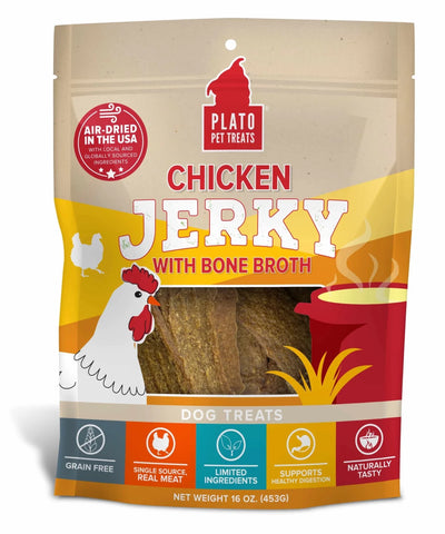 Plato Chicken Jerky with Bone Broth Air-Dried Dog Treats - Grain-Free, 40% Protein (7 oz & 16 oz) - Pets Perfect