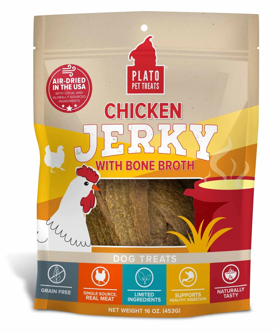 Plato Chicken Jerky with Bone Broth Air-Dried Dog Treats - Grain-Free, 40% Protein (7 oz & 16 oz) - Pets Perfect