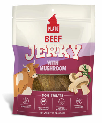 Plato Pet Treats Beef Jerky with Mushroom Dog Treats - Pets Perfect