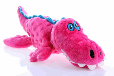 Pink goDog plush gator toy with blue eyes and ridged back