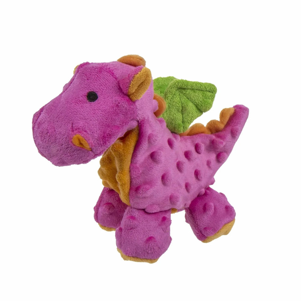 Pink and green goDog plush dragon toy standing in side view