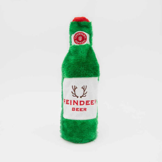 ZippyPaws Holiday Happy Hour Crusherz Reindeer Beer Plush Dog Toy.